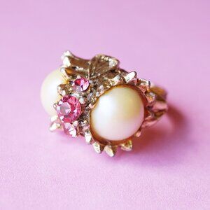 1980s Statement Cocktail Ring w/ Faux Pearls & Pink Rhinestones